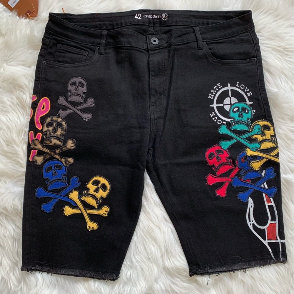 CrypDenim Men's Black Jean Shorts with Colorful Skull Design
